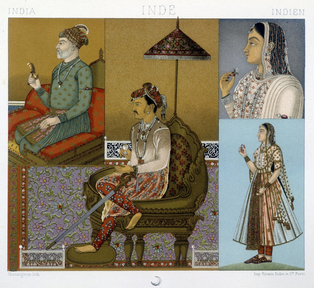 Traditionelle Mugoler og Maharajah kostumer i Indien - i "" Det historiske kostume"" af Racinet af Albert Charles August Racinet