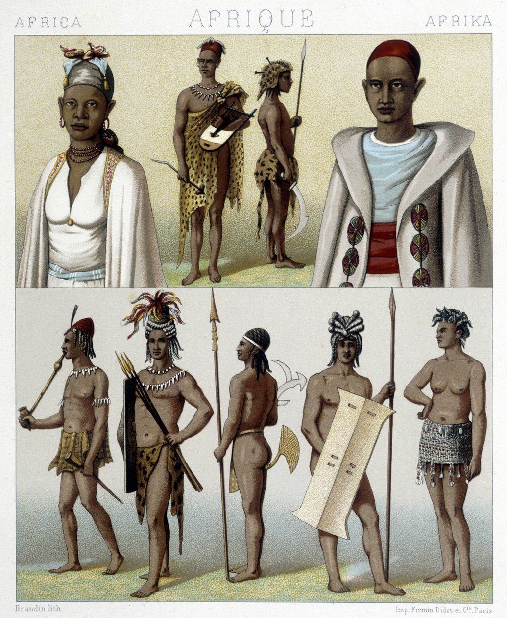 Traditionelle kostumer og smykker fra Timbuktu og Upper Nile. Illustration i "" Le costume historique"" af Racinet af Albert Charles August Racinet