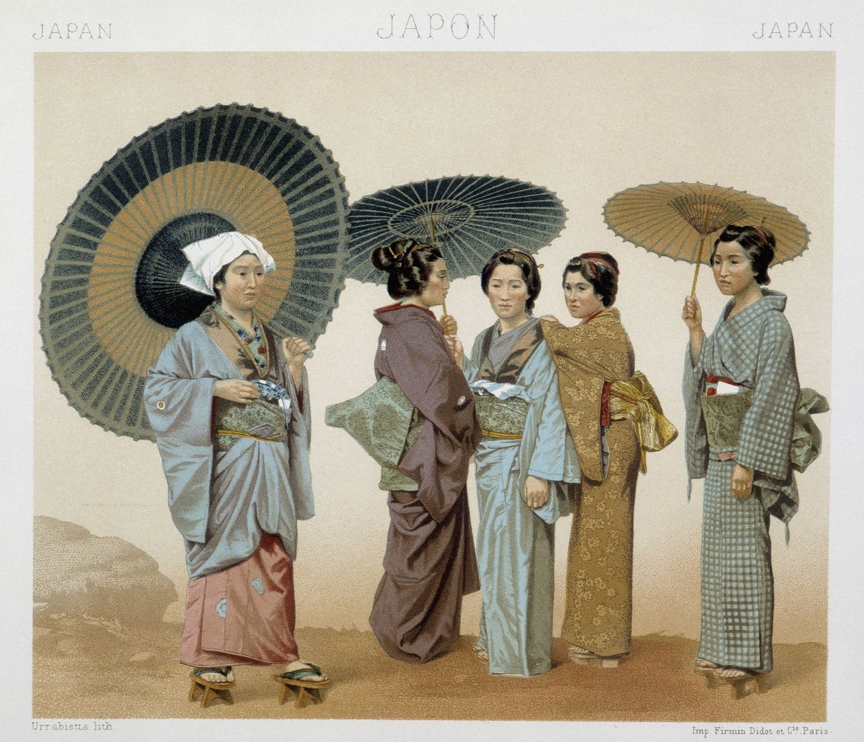 Traditionelle kostumer af japanske kvinder. Illustration i "" Le costume historique"" af Racinet af Albert Charles August Racinet