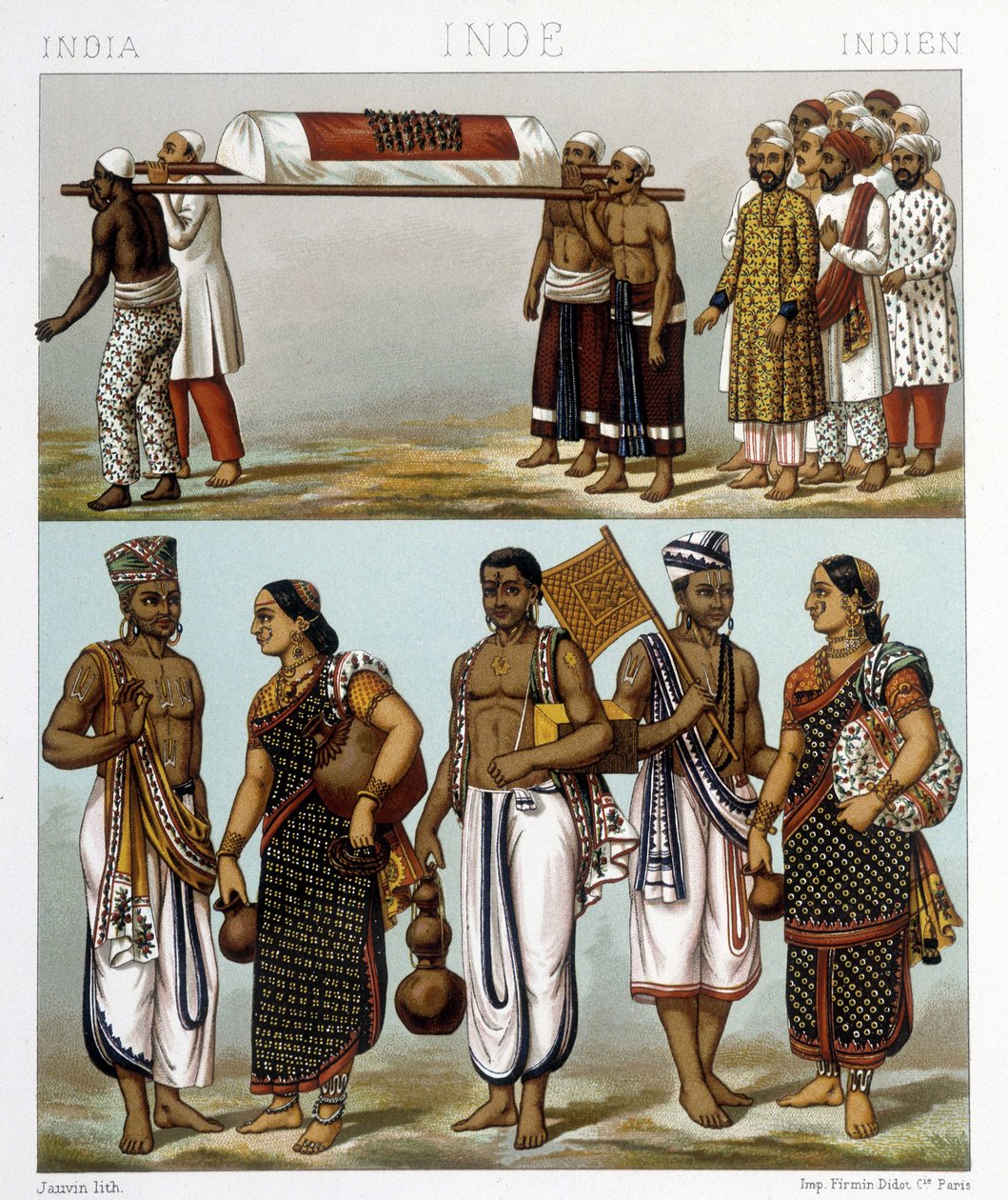 Traditionelle dragter af muslimer (øverst på billedet) og hinduer (nederst), der bor i Indien. Illustration i "" Le costume historique"" af Racinet af Albert Charles August Racinet