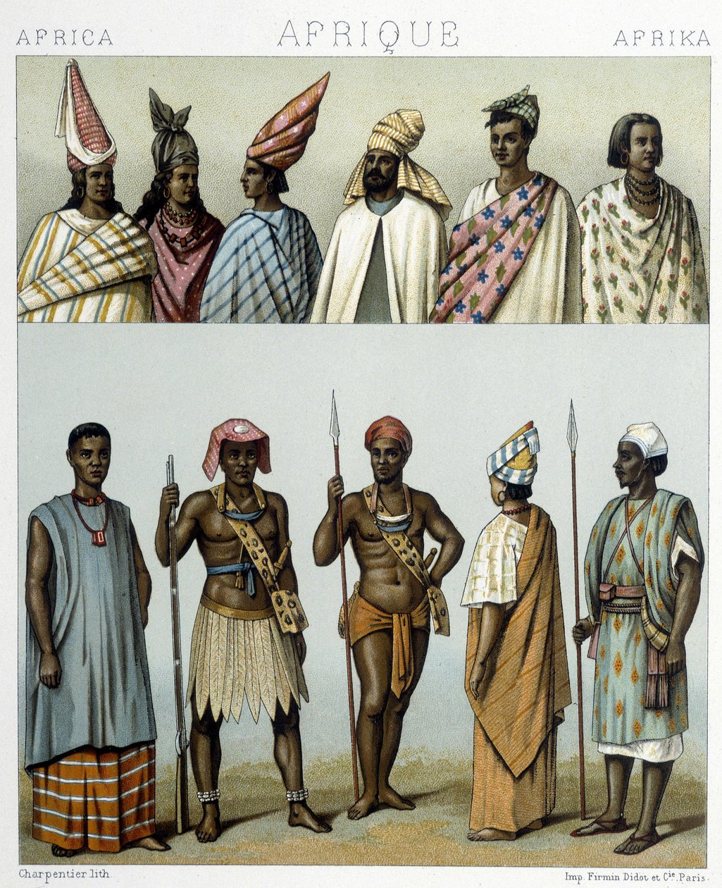 Traditionelle kostumer i Senegal. Illustration i "Le costume historique"" af Racinet af Albert Charles August Racinet