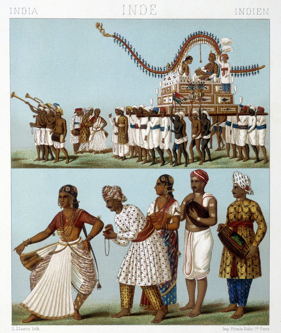 Transport, musik, dans og traditionelle kostumer i Indien. Illustration i "" Le costume historique"" af Racinet af Albert Charles August Racinet