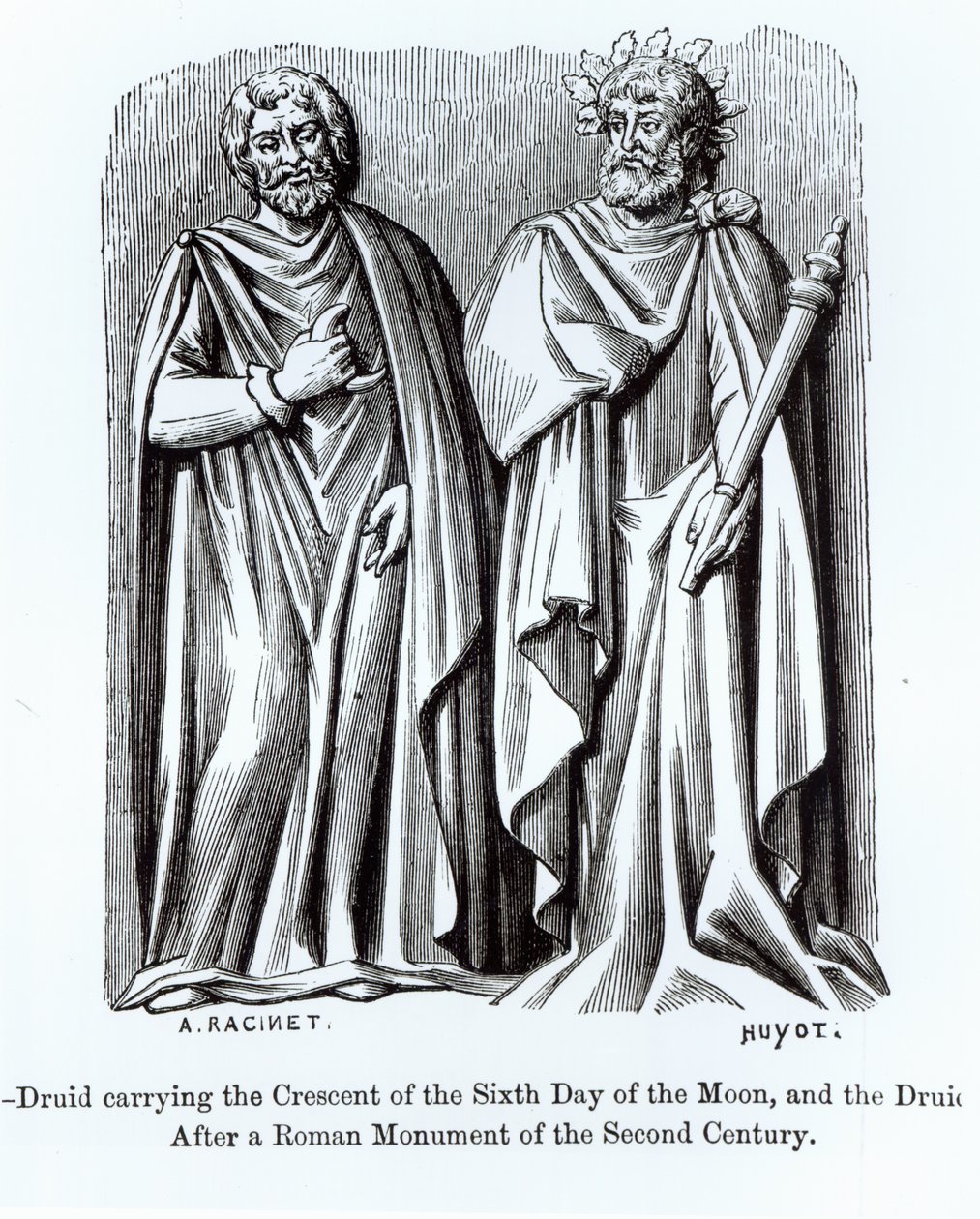To druider, den ene bærer Halvmånen af den sjette dag af månen, efter et romersk monument fra det andet århundrede, illustration fra videnskab og litteratur i middelalderen og renæssancen, skrevet af Albert Charles August Racinet