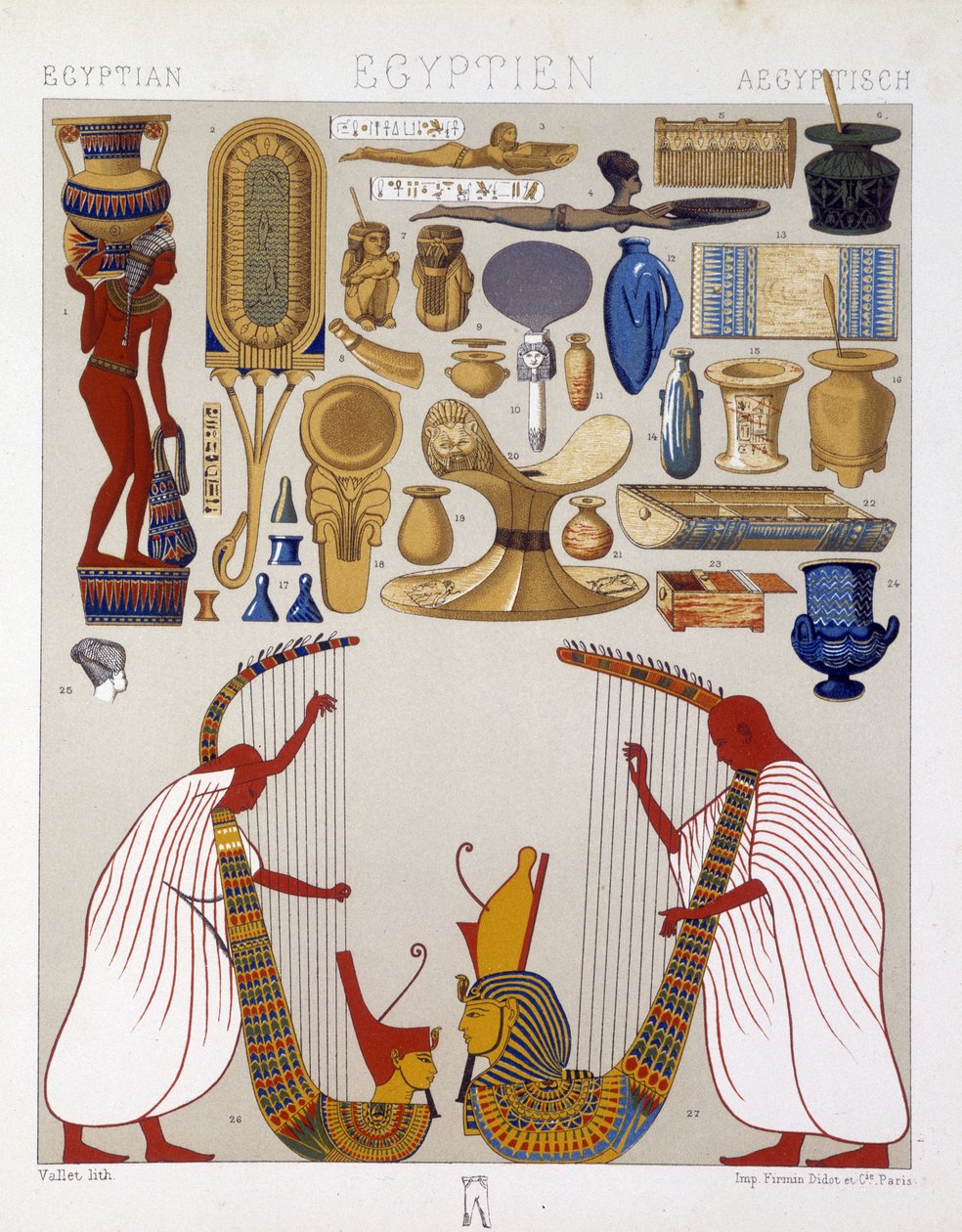 Forskellige antikke genstande fra Egypten - i "" Det historiske kostume"" af Racinet af Albert Charles August Racinet
