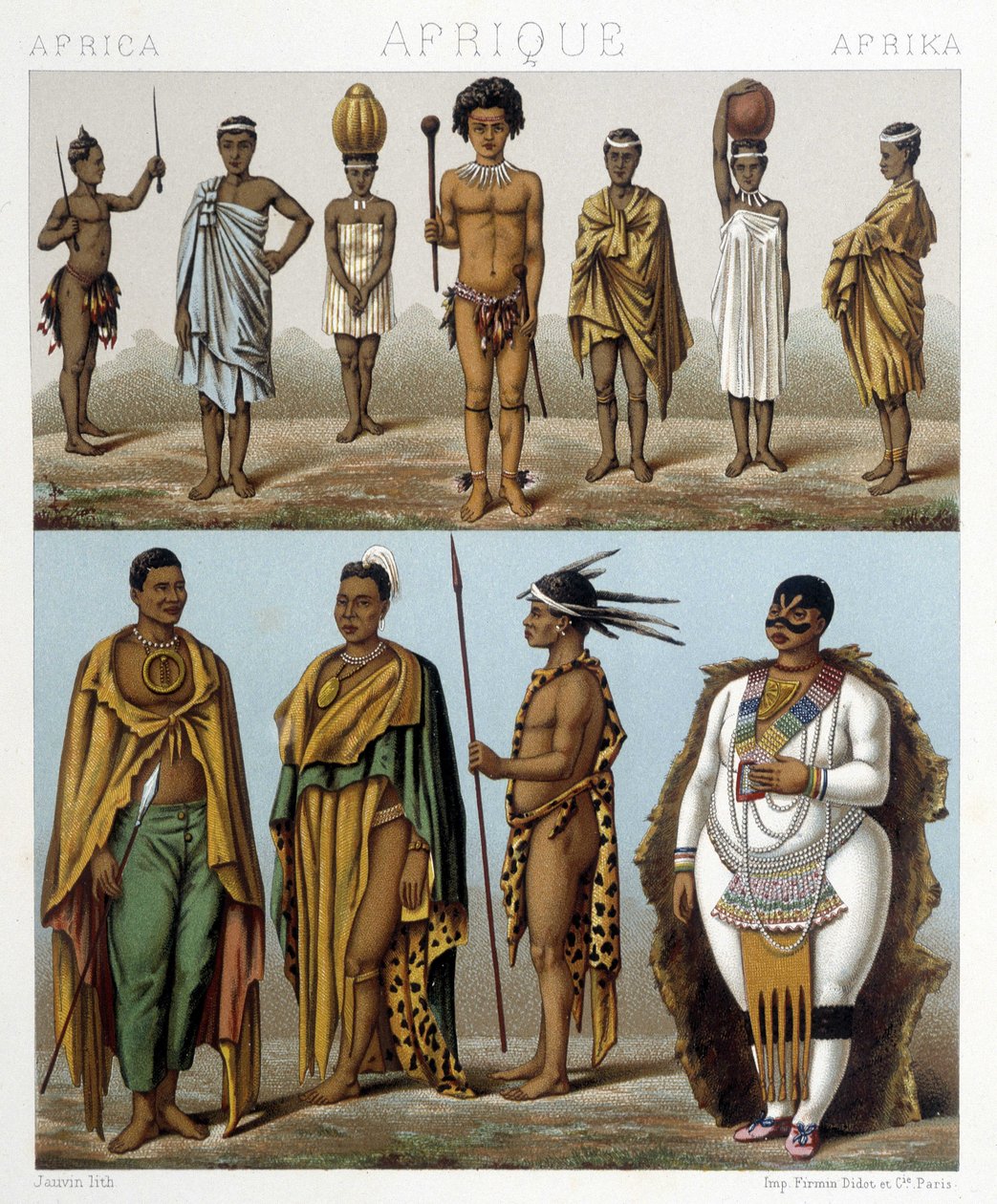 Forskellige mænd fra det sydlige Afrika. Illustration i "Le costume historique"" af Racinet af Albert Charles August Racinet