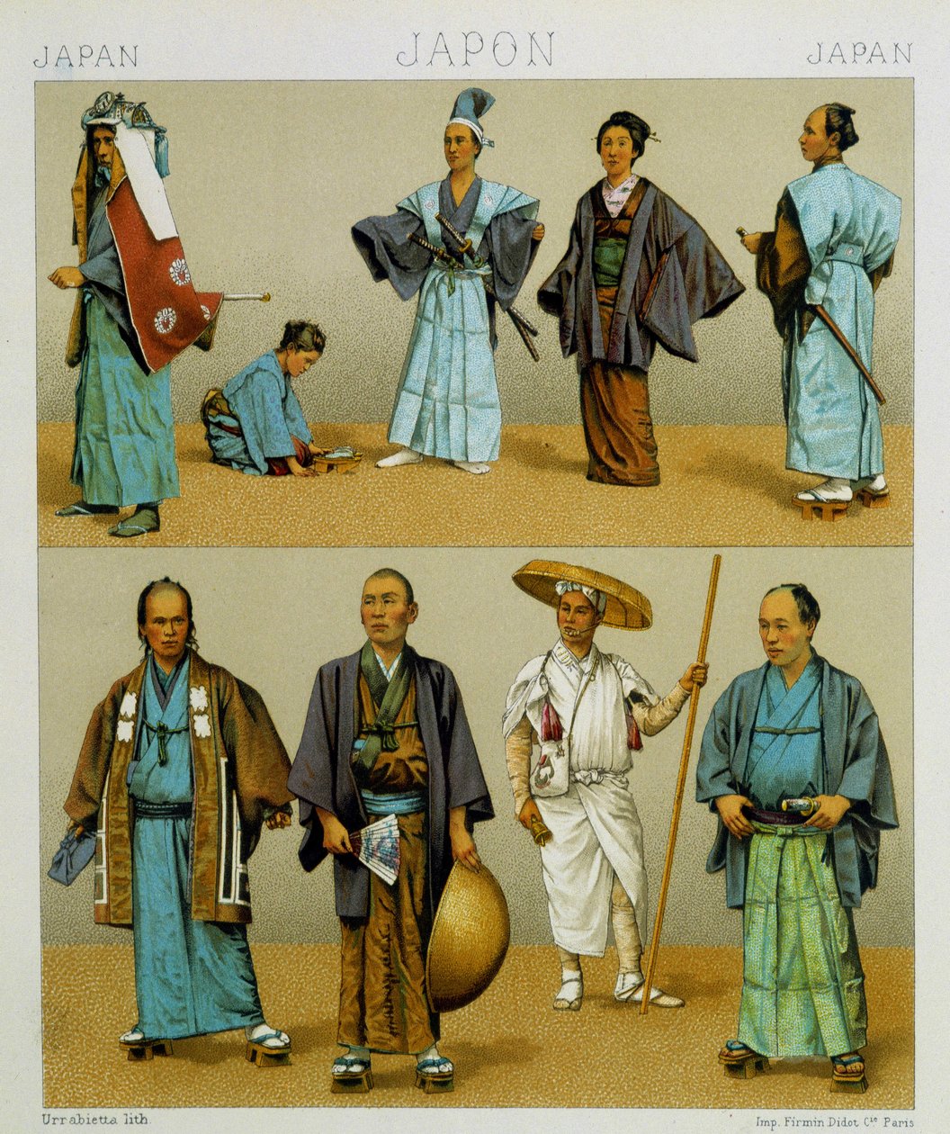 Forskellige traditionelle japanske herrekostumer inklusive kimono. Kromolitografisk plade - i "" Le costume historique"" af Racinet af Albert Charles August Racinet