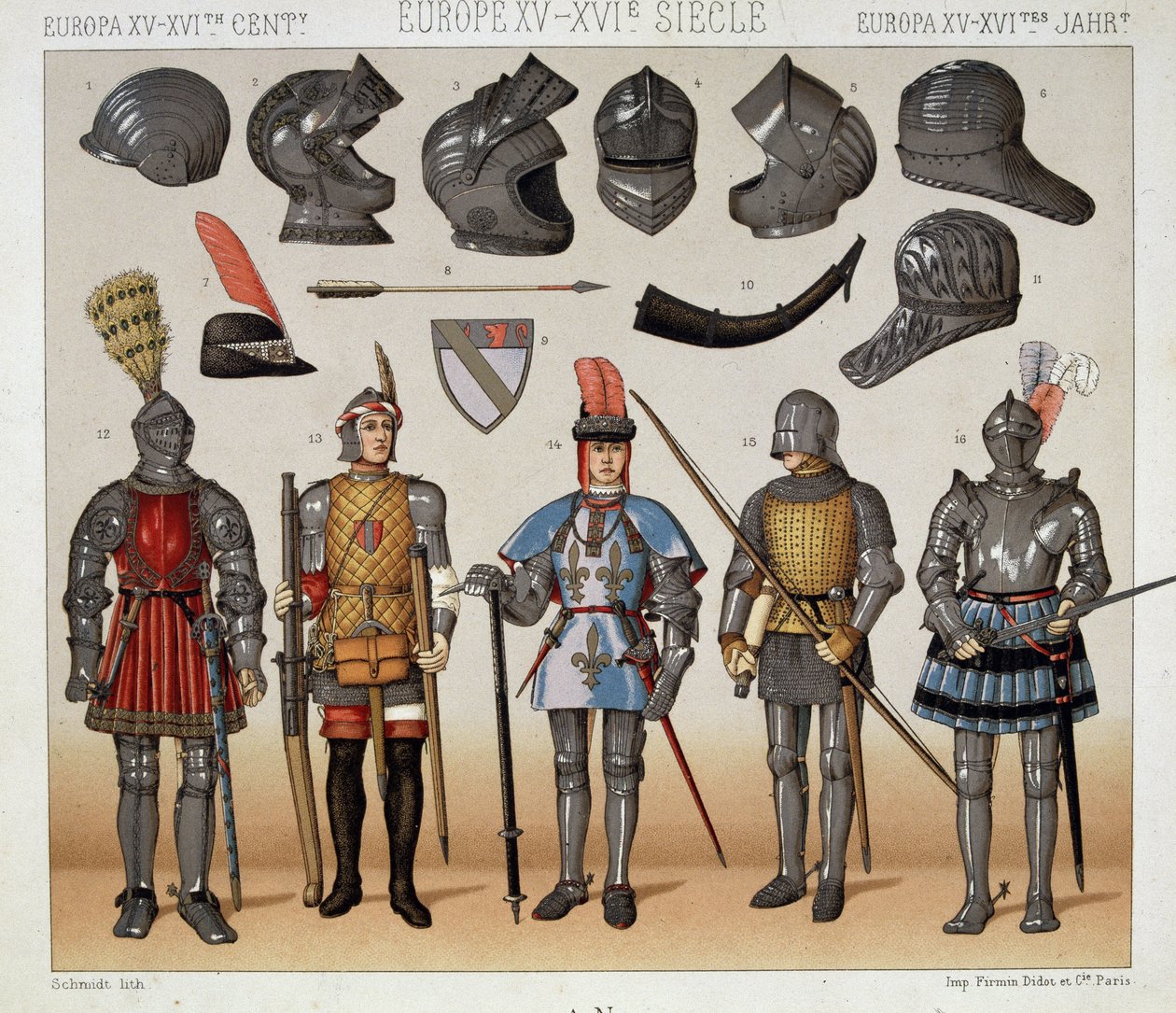 Krigere i det 15.-17. århundrede - i "" Le costume historique"" af Racinet af Albert Charles August Racinet