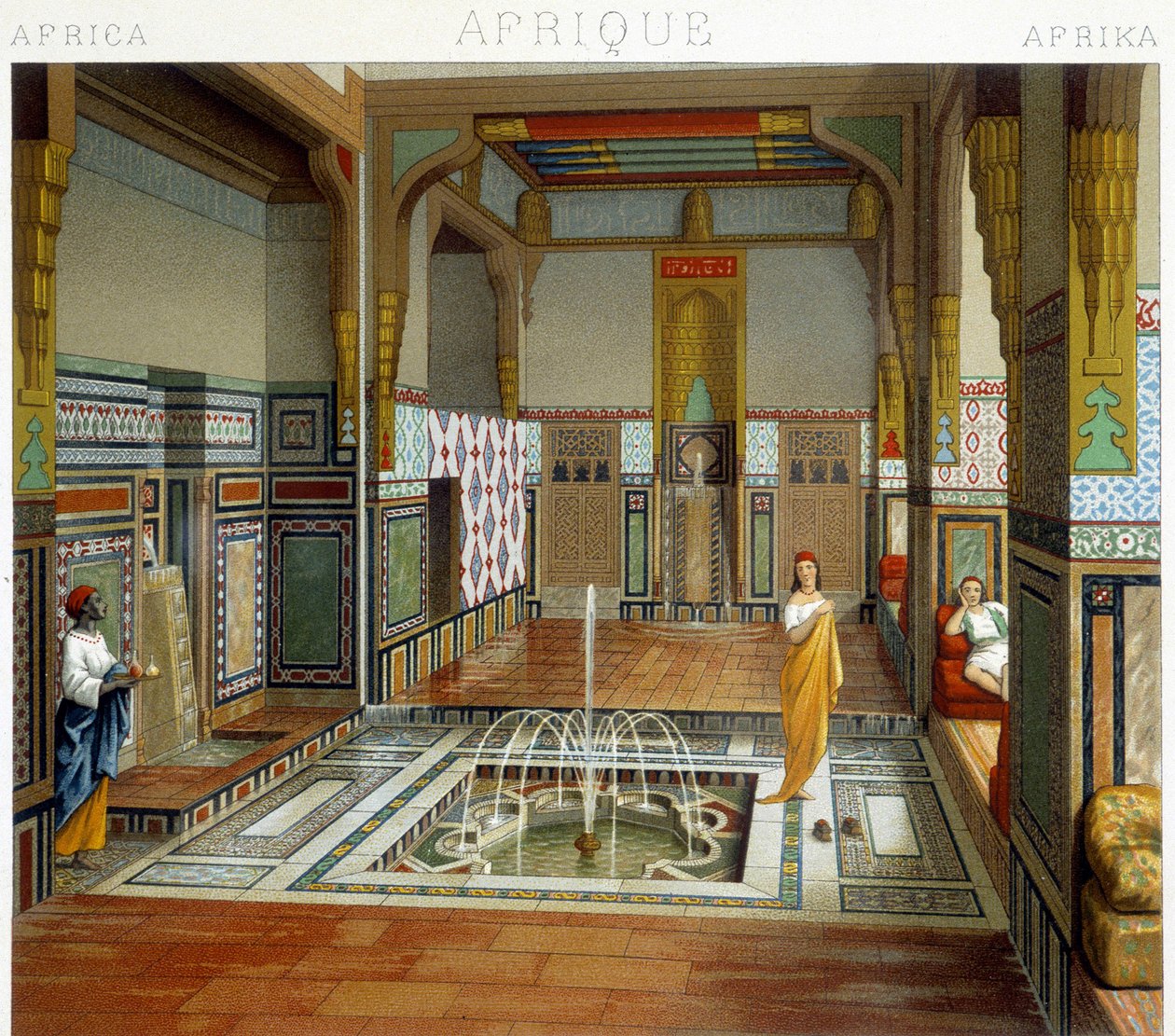 Kvinde og hendes tjener er ved siden af et springvand i et hus i Kairo (Ægypten). Kromolitografisk plade - i "" Le costume historique"" af Racinet af Albert Charles August Racinet