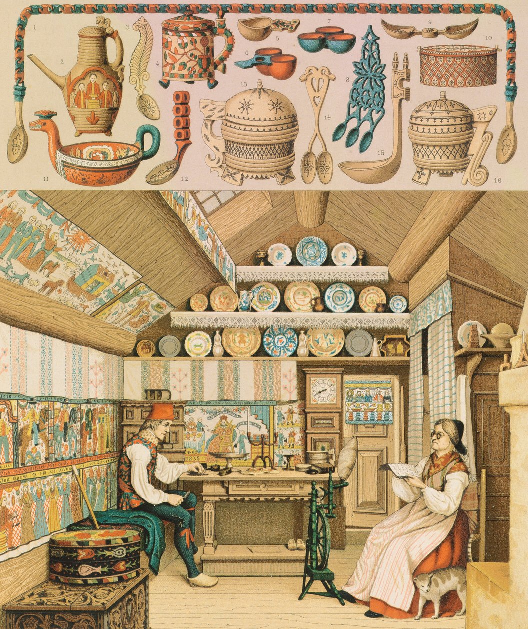 Træhus i Sverige, Illustration fra The Complete Costume History af Racinet Auguste af Albert Charles August Racinet