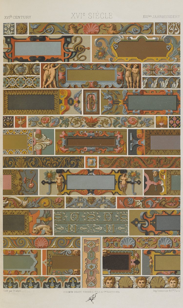 XVI Century, plade 71 fra Polychromatic Ornament: Et hundrede plader i guld, sølv og farver, 1873 af Albert Charles August Racinet