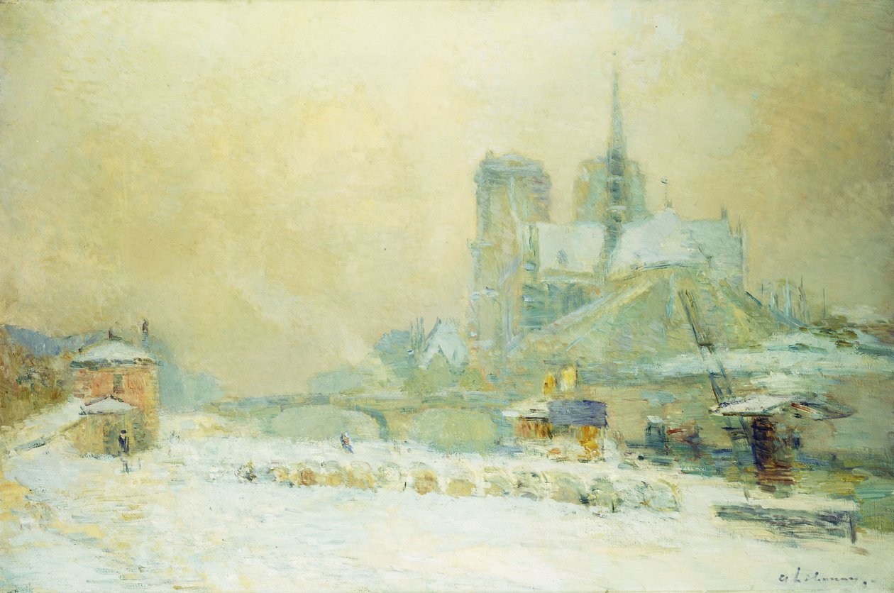 Udsigt over Notre Dame, Paris, fra Quai de la Tournelle: Sneeffekt; Notre Dame de Paris, Udsigt fra Quai de la Tournelle, Sneeffekt, af Albert Charles Lebourg