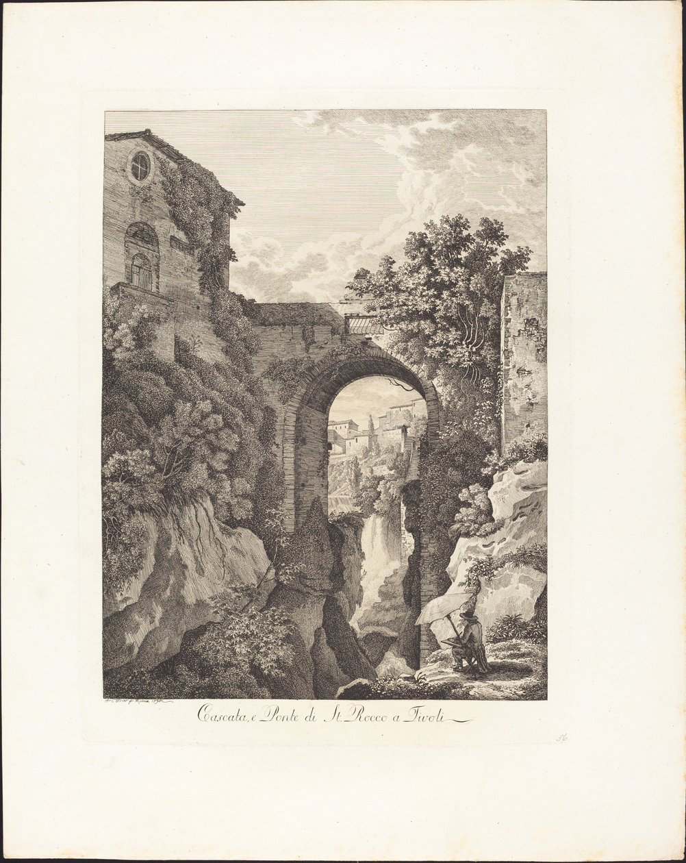 Vandfald og Ponte di San Rocco i Tivoli af Albert Christoph Dies