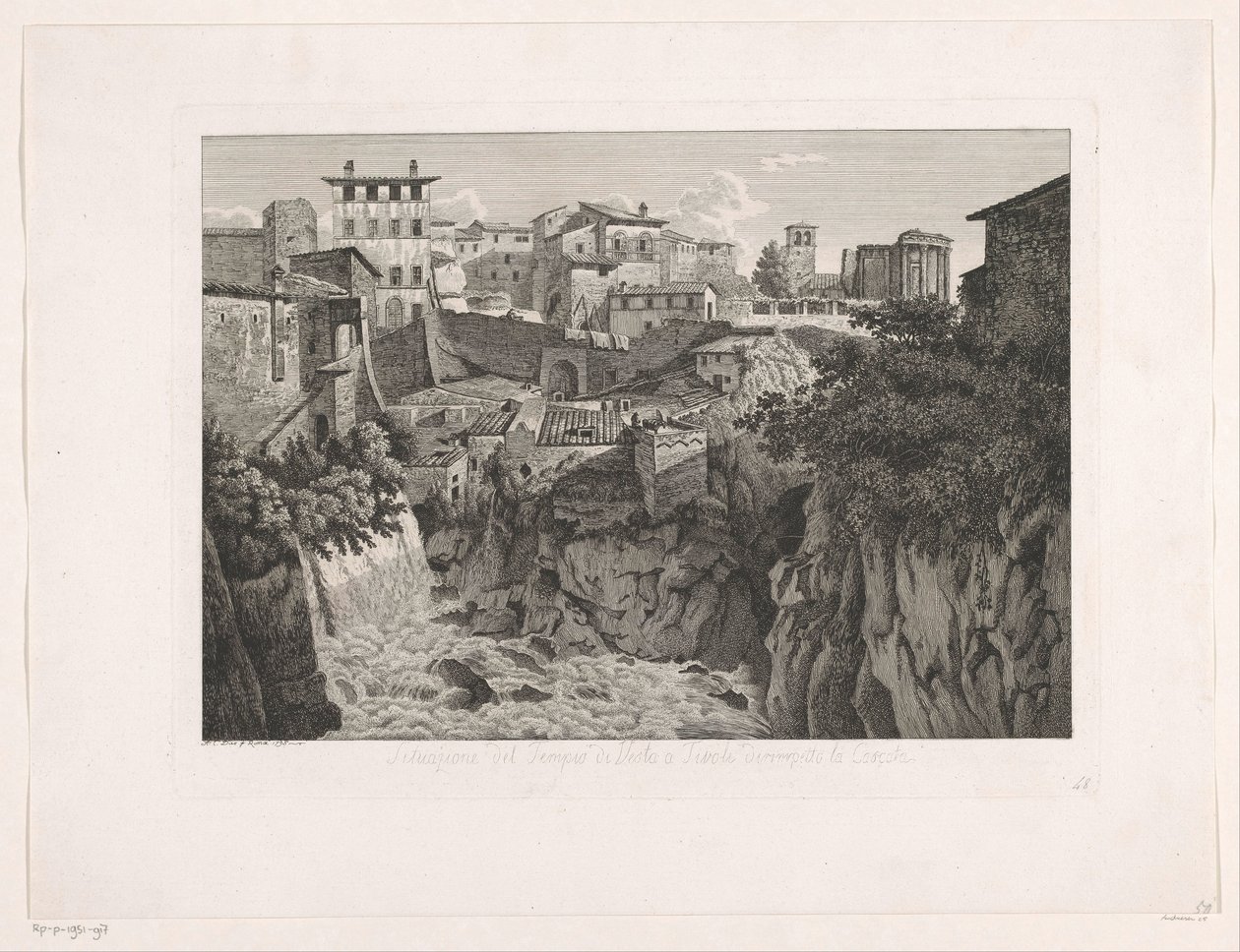 Udsigt over Tivoli, med Vesta-templet i det fjerne Situazione del Tempio di Vesta a Tivoli dirimpetto la Cascata (titel på objektet) Malay Radirte Prospekte aus Italien (serietitel) af Albert Christoph Dies