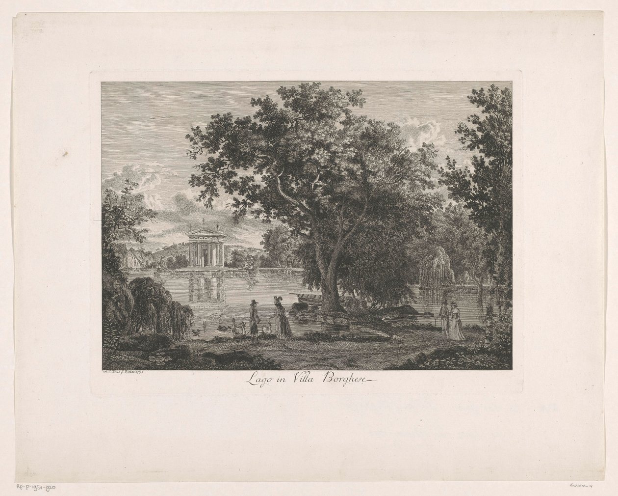 Udsigt over søen ved Villa Borghese Lago ved Villa Borghese (titel på objekt) Malay Radirte Prospekte aus Italien (serietitel) af Albert Christoph Dies