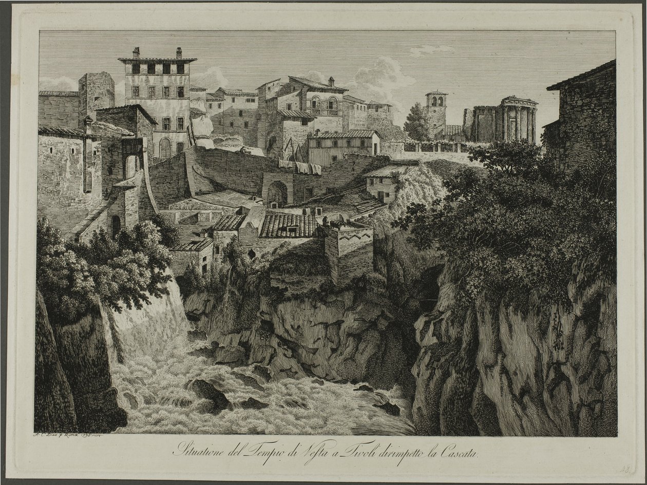 Scene fra Vesta-templet i Tivoli med udsigt til kaskaderne af Albert Christoph Dies