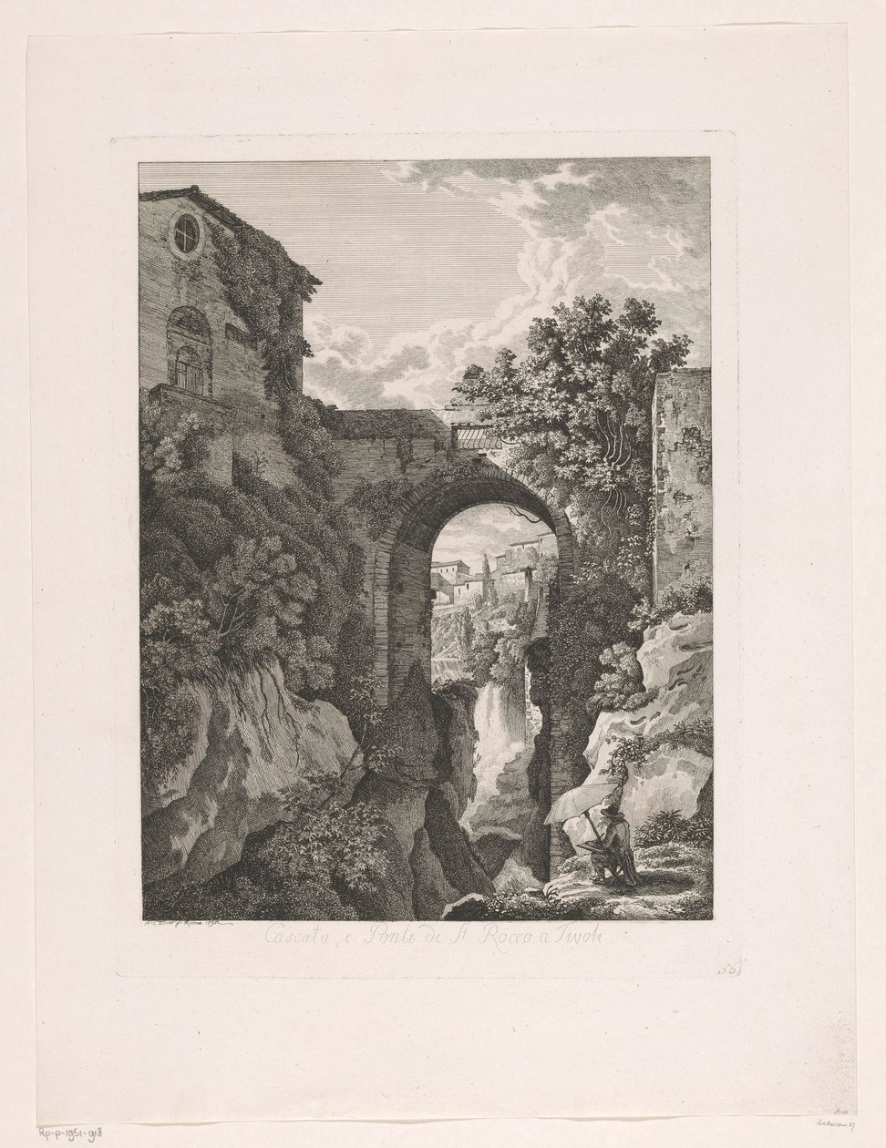 Vandfald nær San Rocco-broen i Tivoli Cascata, og Ponte di St. Rocco a Tivoli (titel på objekt) Maleriske ætsede brochurer fra Italien (serietitel) af Albert Christoph Dies