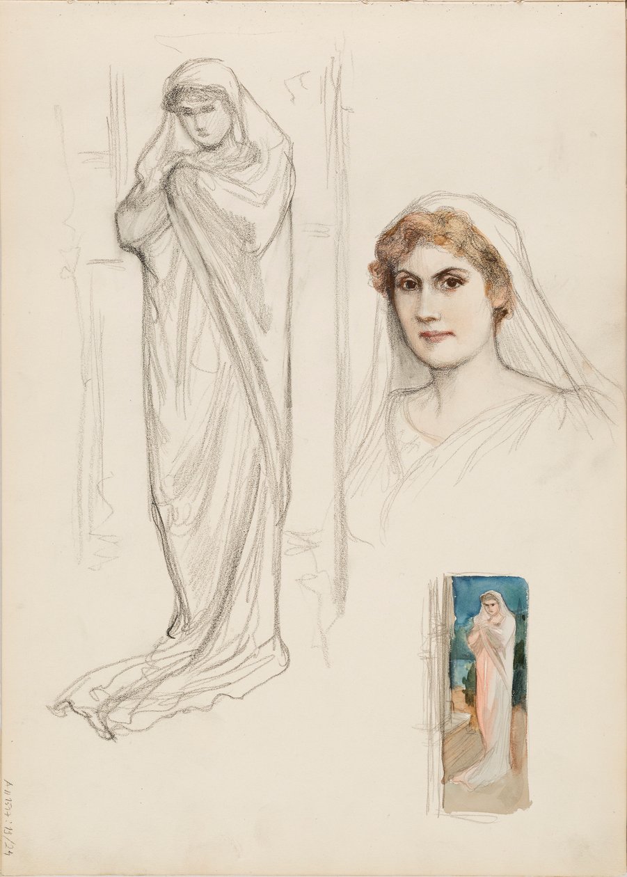 Aino Ackté som Alcestis, skitse af ansigtet og to skitser af hele kroppen af Albert Edelfelt