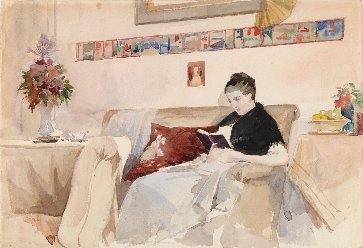 Kunstnerens kone læser på sofaen af Albert Edelfelt