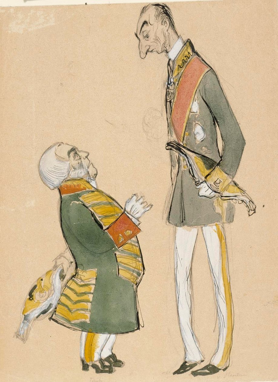 Karikatur af von Haartman, adelens formand, og baron Taube af Albert Edelfelt