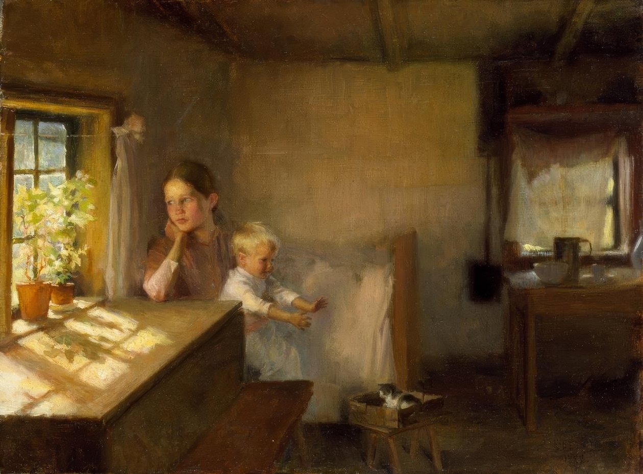Kvinde med barn i et solbeskinnet interiør af Albert Gustaf Aristides Edelfelt