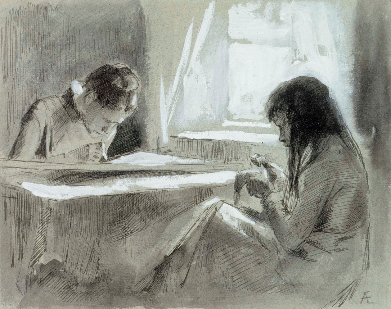 Piger, der syr ved vinduet af Albert Edelfelt