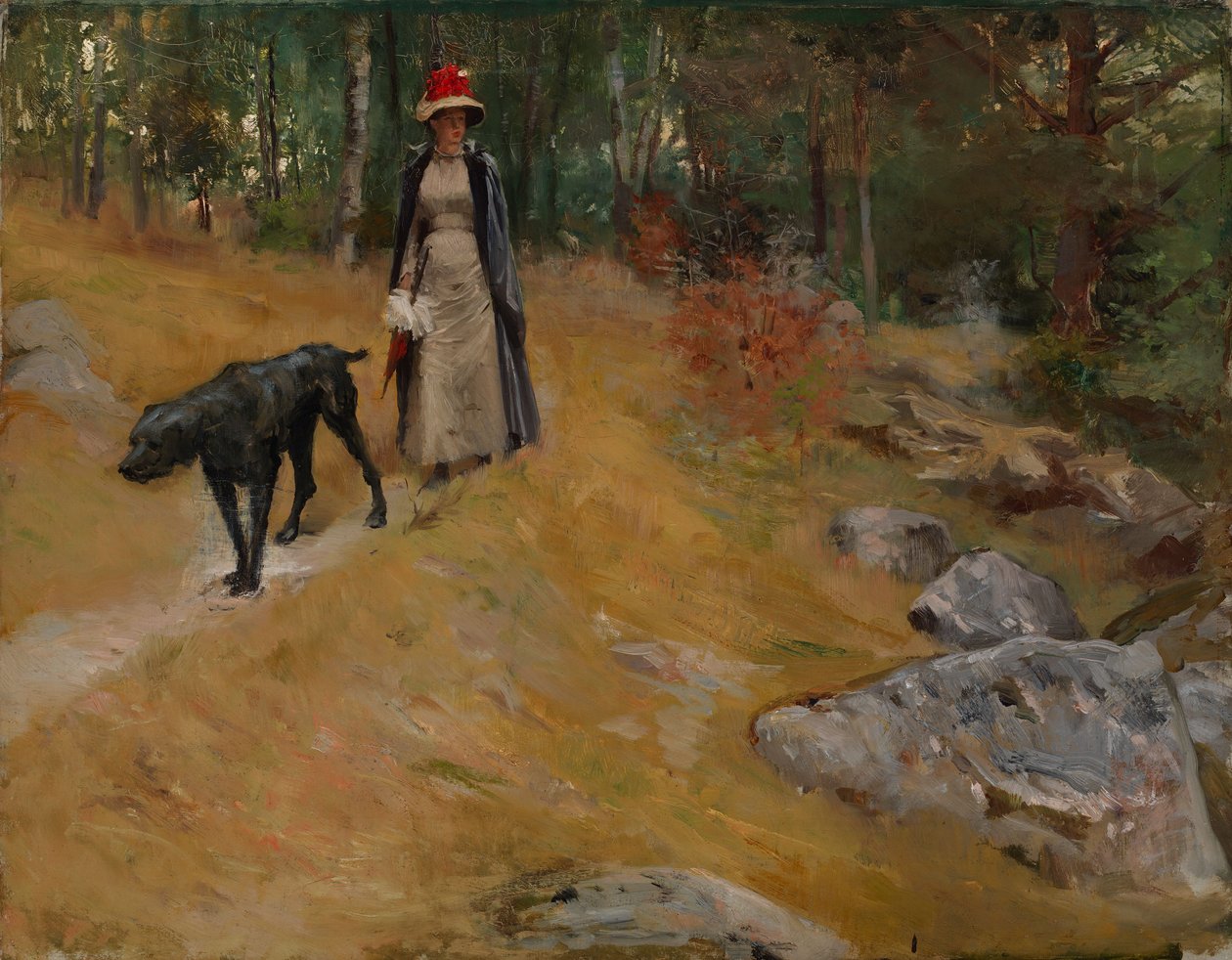 På skrænten ved bredden (Annie Edelfelt med en hund) af Albert Edelfelt