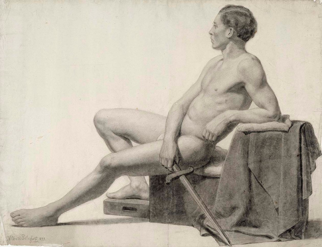 Siddende mandlig model med et sværd i hånden, akademisk studie af Albert Edelfelt