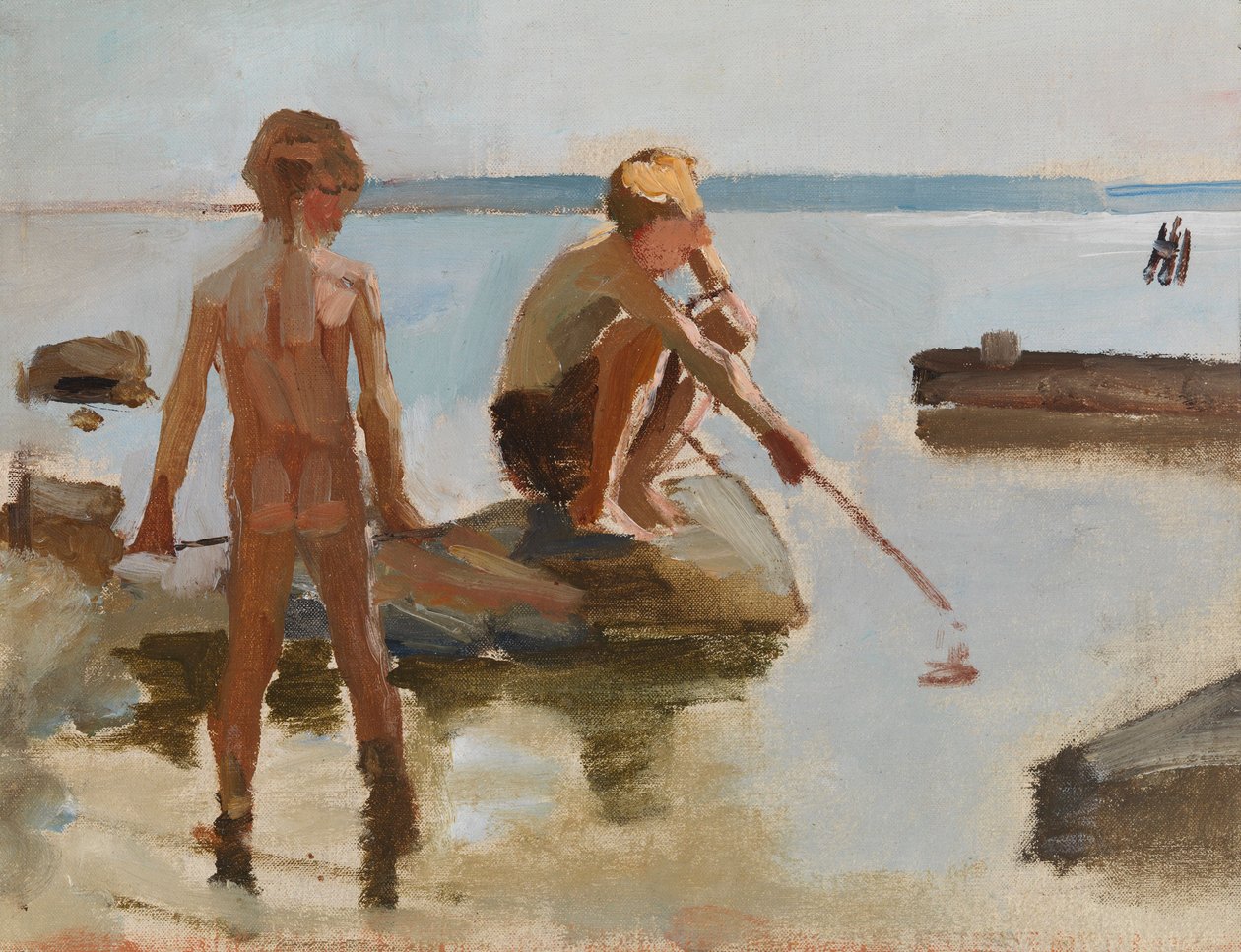 Tegning af drenge, der leger ved stranden af Albert Edelfelt