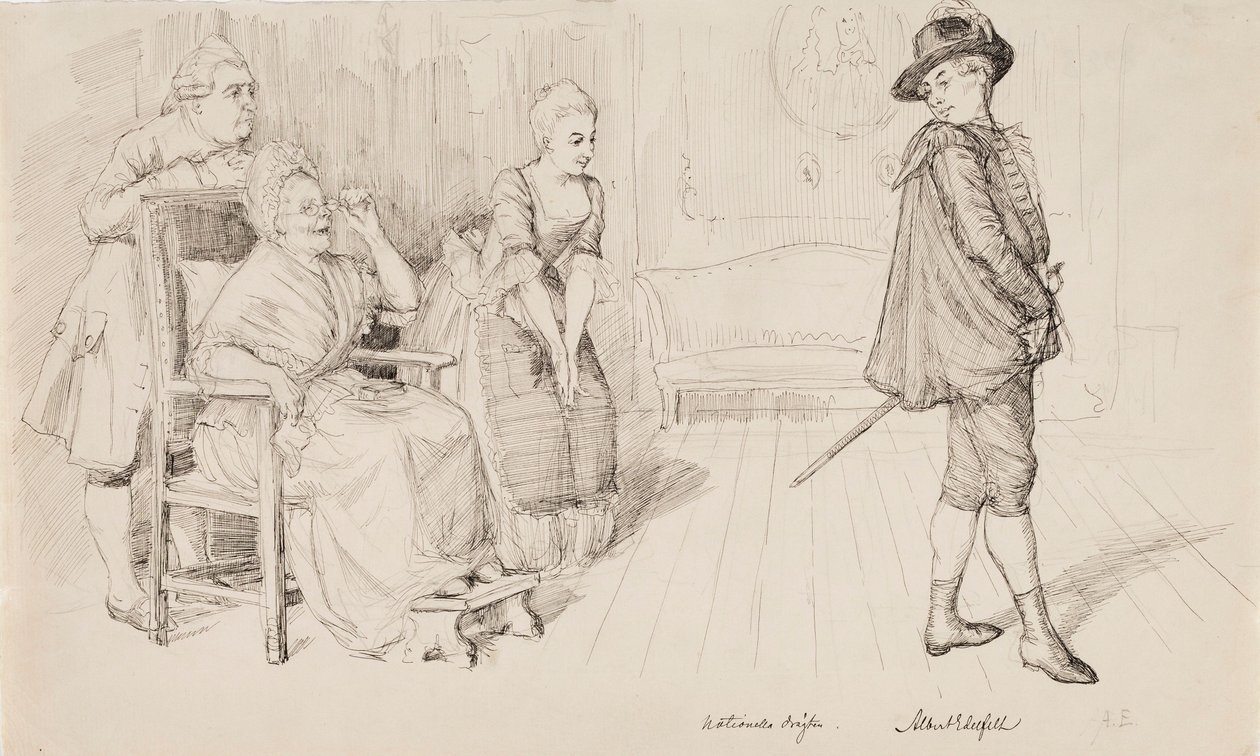 »Den nye svenske dragt«, illustration til Carl Snoilskys Svenska bilder, digtet »Fyrre år senere« af Albert Edelfelt