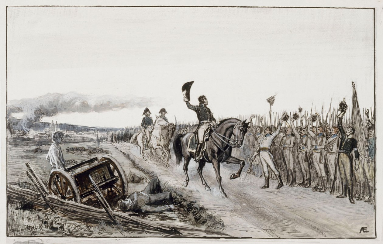 Von Döbeln hilser på sine tropper fra digtet nummer femten, »Stolt« (originaltegning til »Fændrik Ståls eventyr«) af Albert Edelfelt