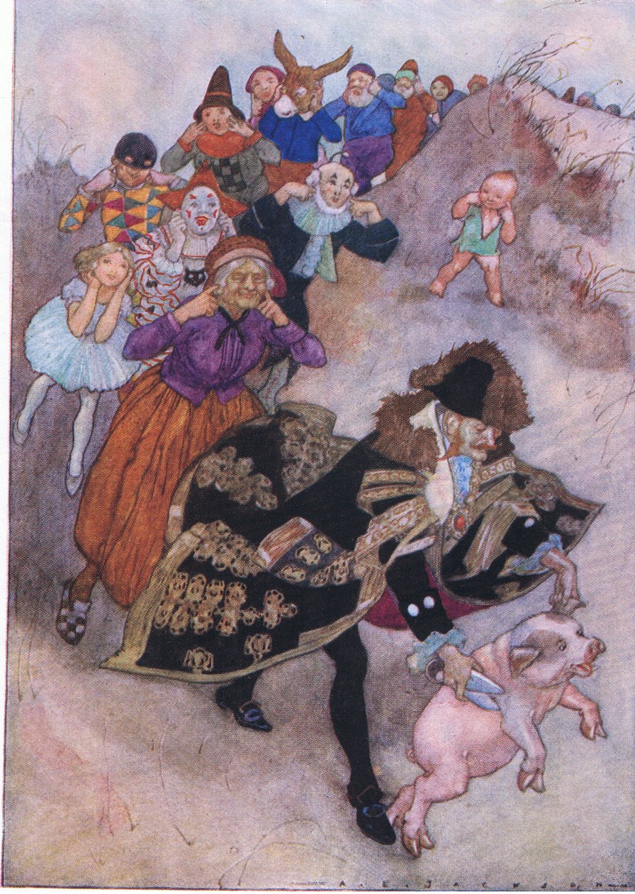Før dem løb en gentleman, der styrede en gris, fra The Water Babies pub. af Humphrey Milford Oxford University Press, ca. 1930 (farve litho) af Albert Edward Jackson