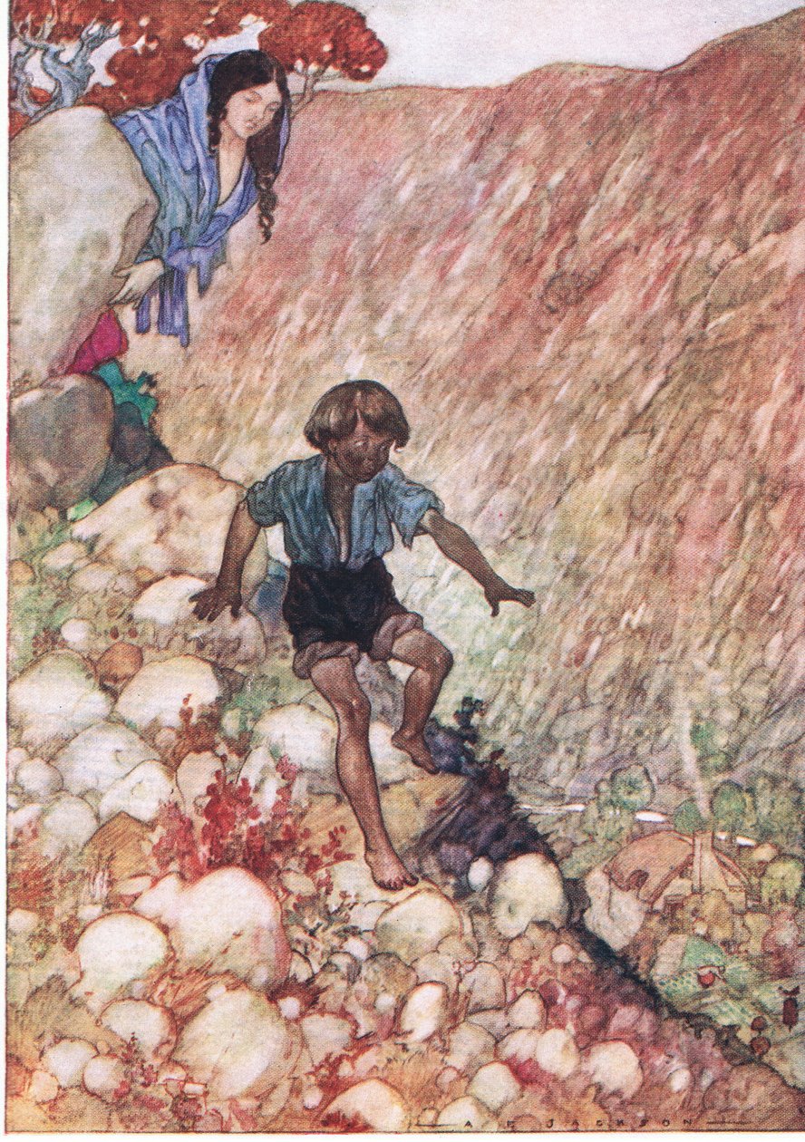 Ned gik han som den modige lille mand, som han var, fra The Water Babies pub. af Humphrey Milford Oxford University Press, ca. 1930 (farve litho) af Albert Edward Jackson