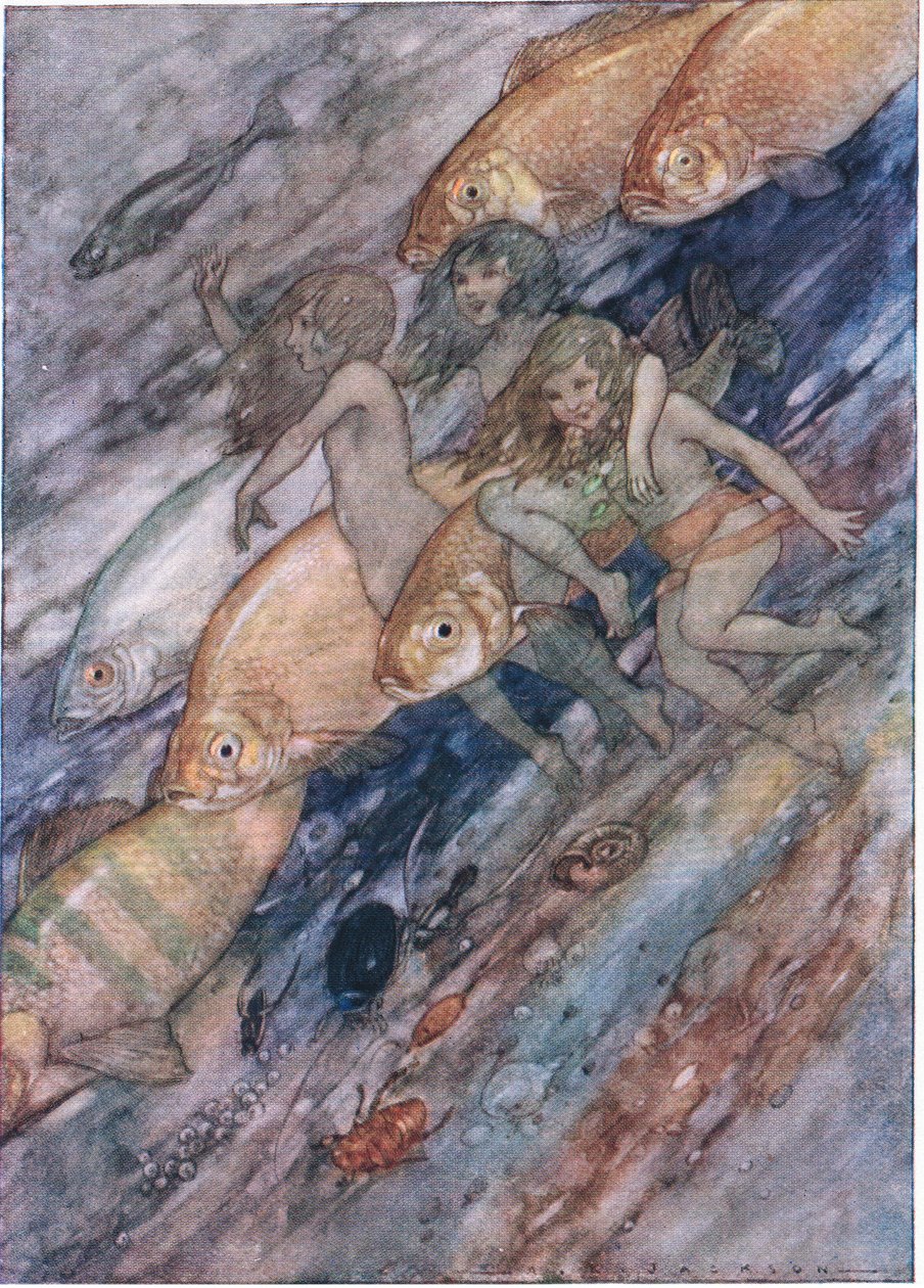Ned til havet, ned til havet, fra The Water Babies pub. af Humphrey Milford Oxford University Press, ca. 1930 (farve litho) af Albert Edward Jackson