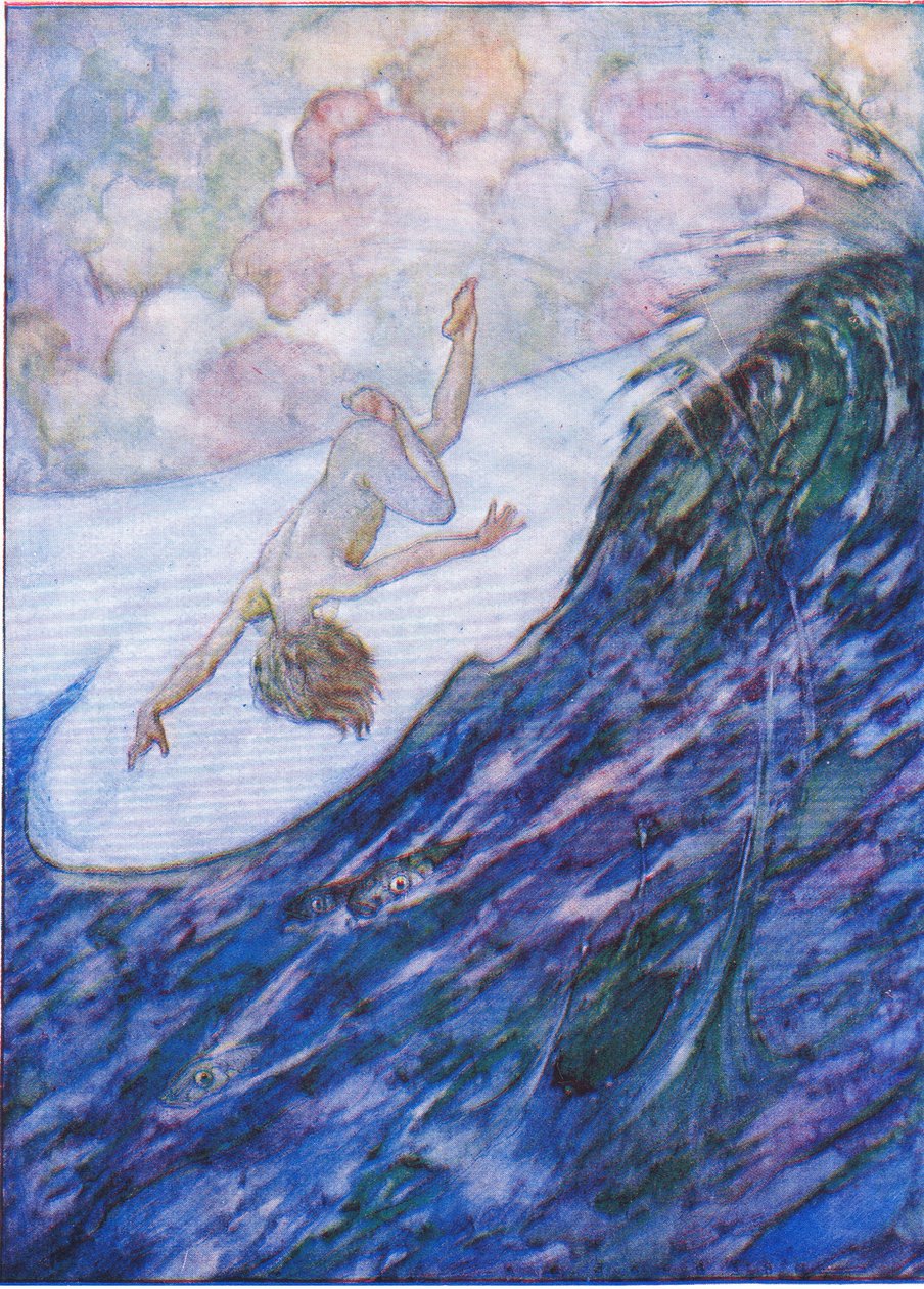 Han gav tre skibe op af vandet, en yard høj, og pladask fra The Water Babies pub. af Humphrey Milford Oxford University Press, ca. 1930 (farve litho) af Albert Edward Jackson