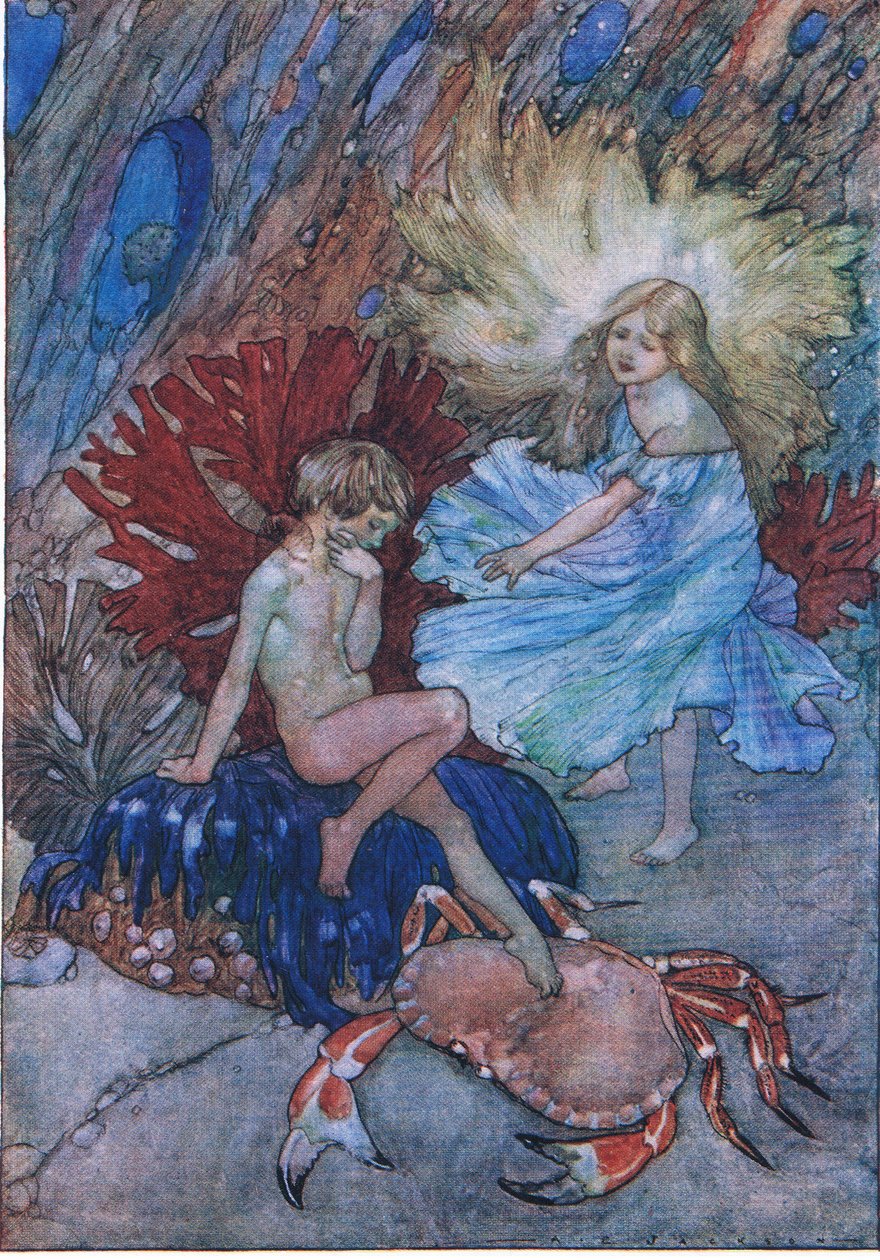 "Nej, lad være med at stikke den stakkels krabbe om Tom", fra The Water Babies pub. af Humphrey Milford Oxford University Press, ca. 1930 (farve litho) af Albert Edward Jackson