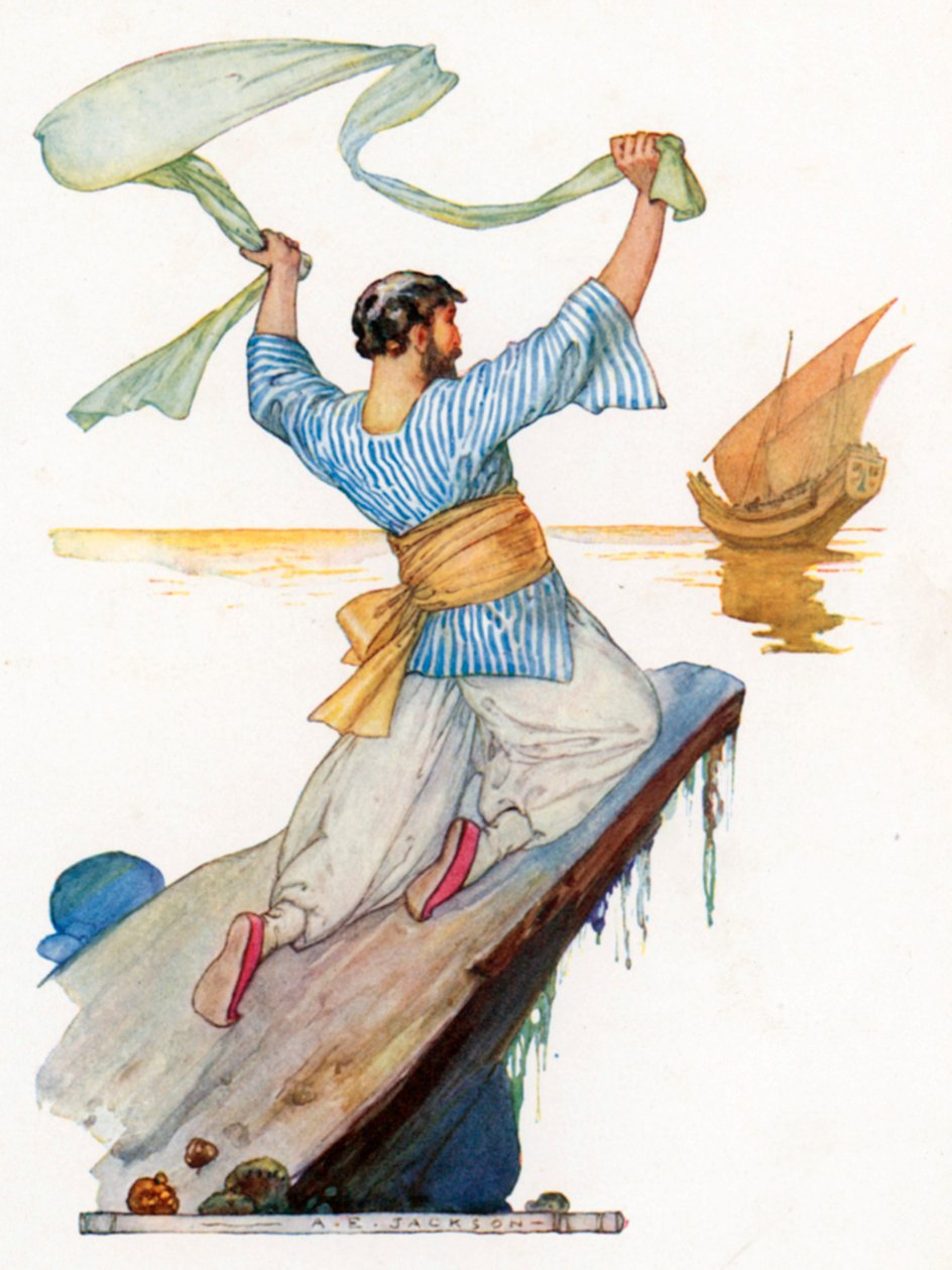 Sindbad Unfolded and Waved Historban (farvelitografi) af Albert Edward Jackson