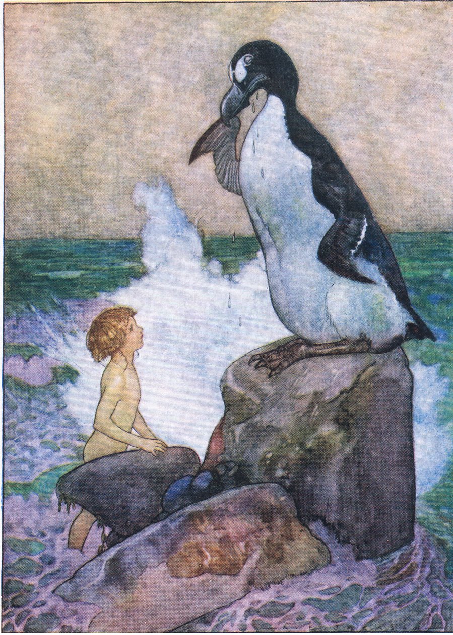 Den stakkels olf Garfowl begyndte at græde tårer af ren olie, fra The Water Babies pub. af Humphrey Milford Oxford University Press, ca. 1930 (farve litho) af Albert Edward Jackson