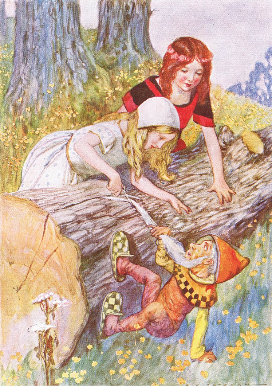 Meget forsigtigt klippede hun det bløde hvide skæg (fra historien Snow White and Rose-Red), illustration fra A Staircase of Stories udgivet af Thomas Nelson & Sons Ltd 1940