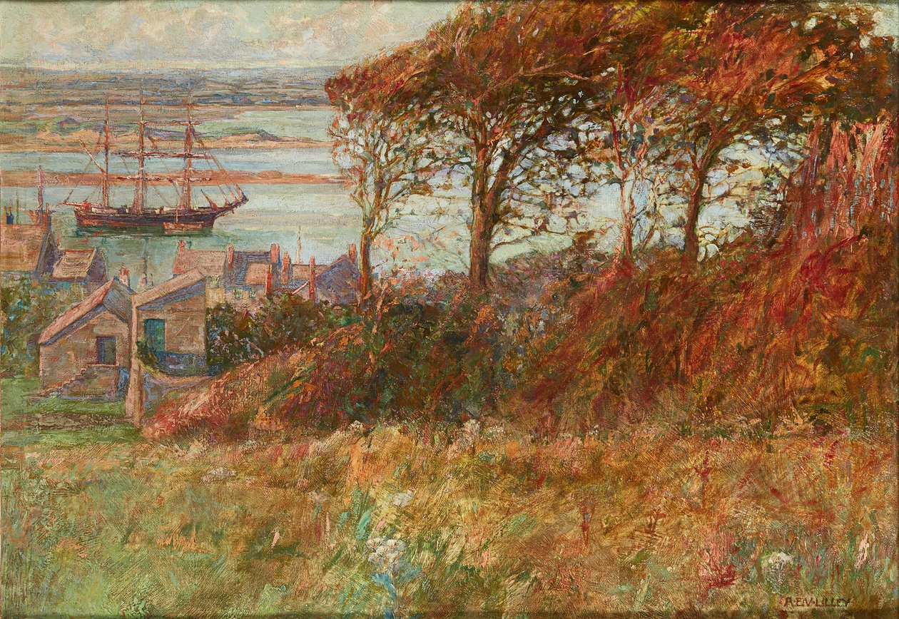 Skovbevoksning over havnen om efteråret (olie på lærred) af Albert Ernest Victor Lilley