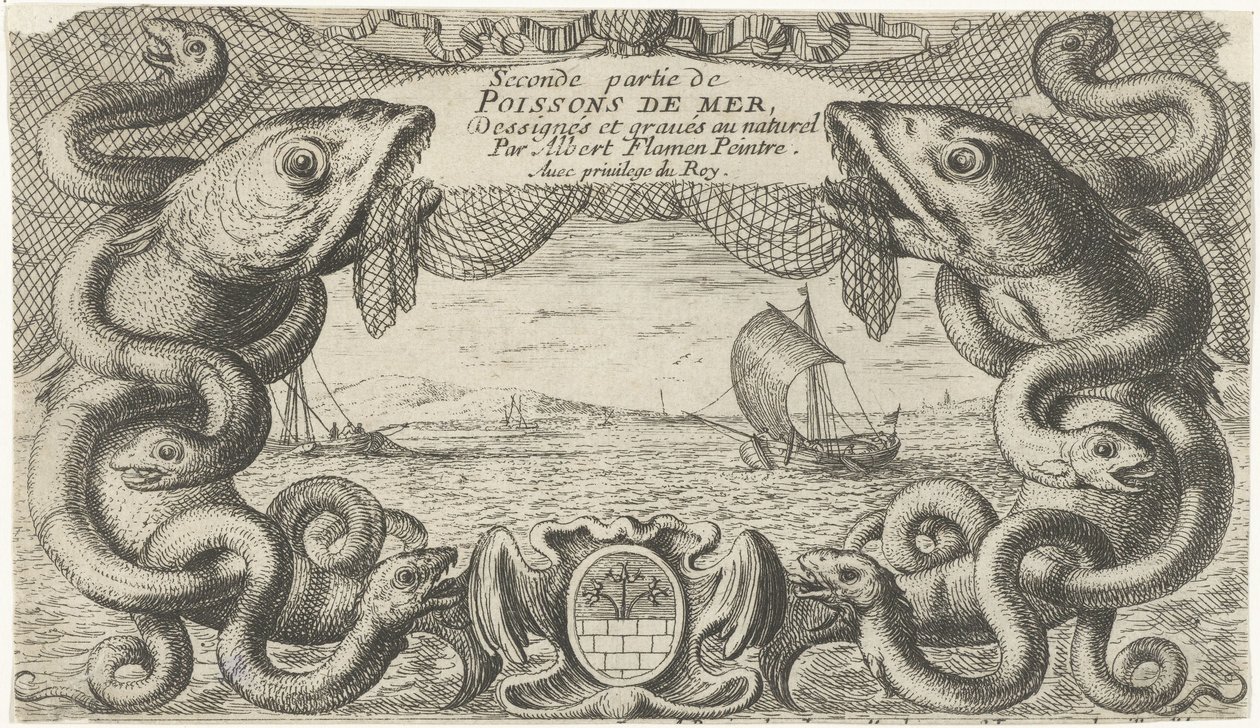 Havlandskab med kant af havdyr og et fiskenet Fisk og andre havdyr - saltvands anden serie (serietitel) Poissons de mer (serietitel på objekt) af Albert Flamen