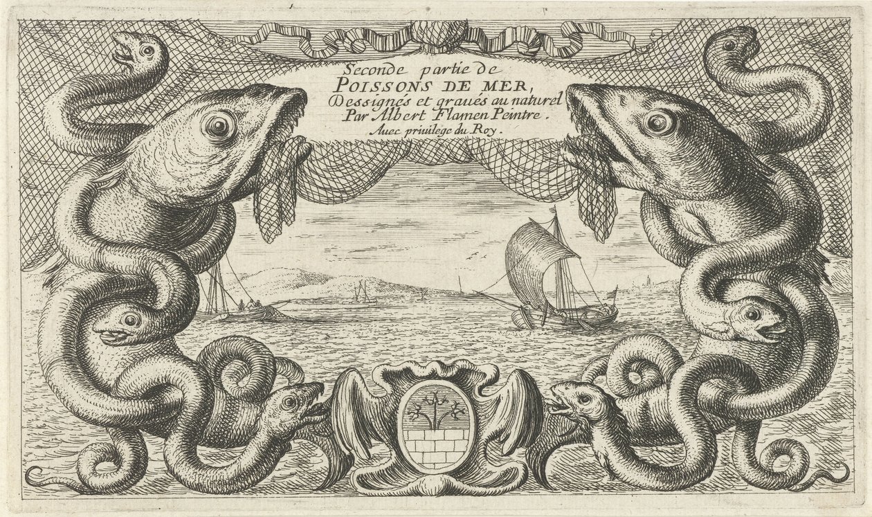 Havlandskab med kant af havdyr og et fiskenet Fisk og andre havdyr - saltvands anden serie (serietitel) Poissons de mer (serietitel på objekt) af Albert Flamen