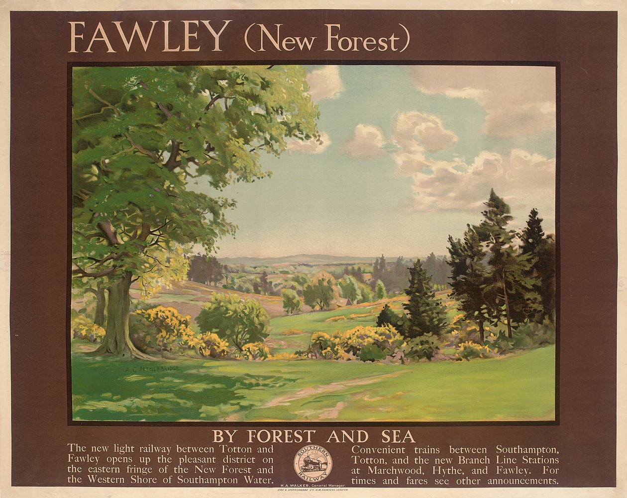 Fawley (New Forest), plakat, der reklamerer for Southern Railway (farve litho) af Albert George Petherbridge