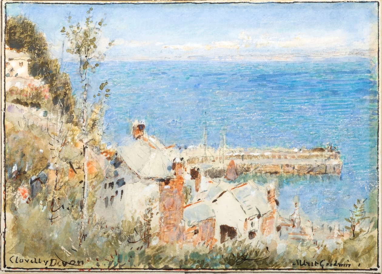 Clovelly, Devon (akvarel med kropsfarve og blæk) af Albert Goodwin