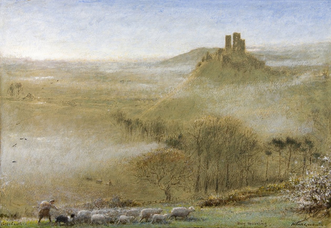 Corfe Castle, maj morgen, ca. 1860-c. 1932 (blyant, akvarel, kropsfarve, pen og blæk på papir) af Albert Goodwin