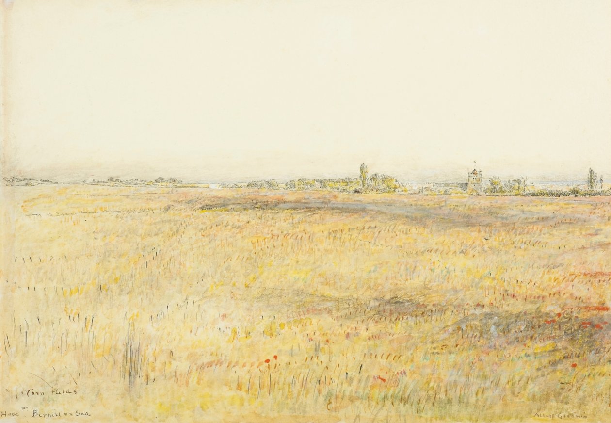 Majsmarker, Hooe. Bexhill on Sea (akvarel med blæk) af Albert Goodwin