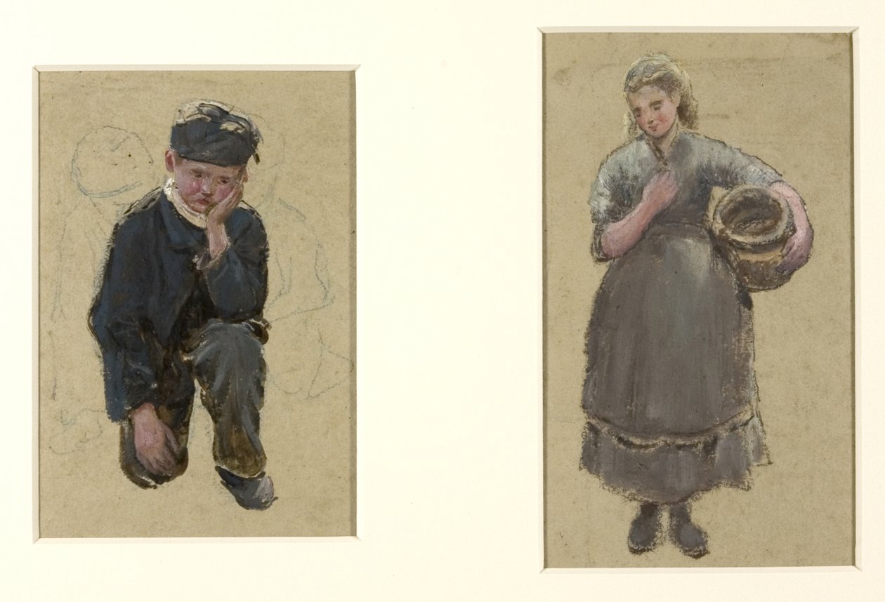 Fisher Girls og knælende dreng af Albert Goodwin