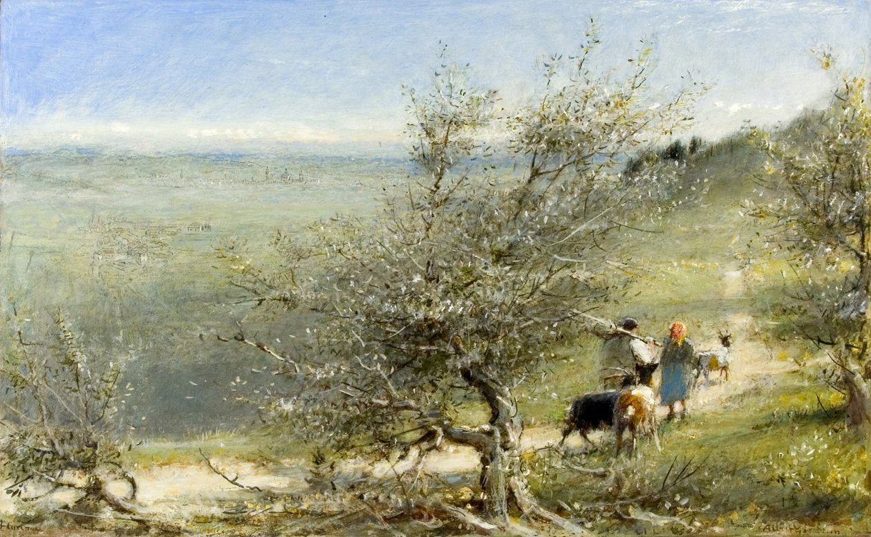 Firenze fra bakkerne nær Fresole, ca. 1860-c. 1932 (olie, pen og blæk om bord) af Albert Goodwin