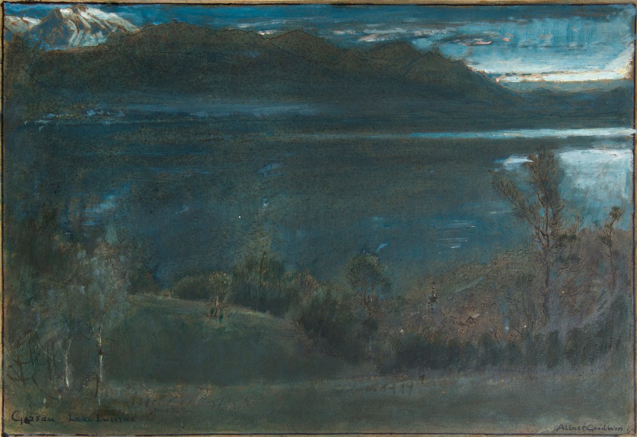 Gossau, Lucerne-søen (olie og akvarel med blæk og farvelægning på papir på karton) af Albert Goodwin