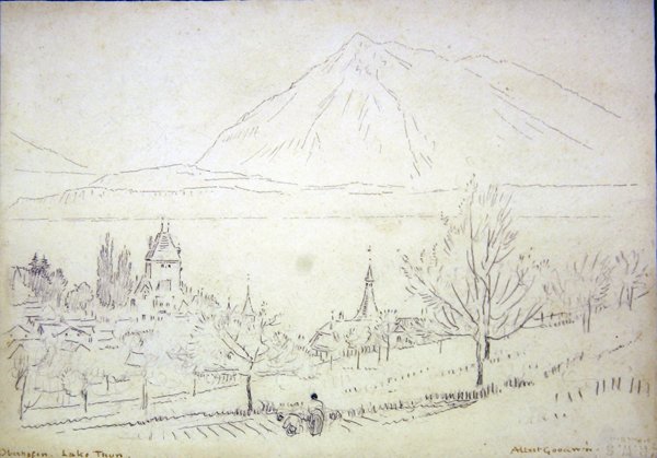 Thun-søen, Oberhofen (blæk og blyant på papir) af Albert Goodwin