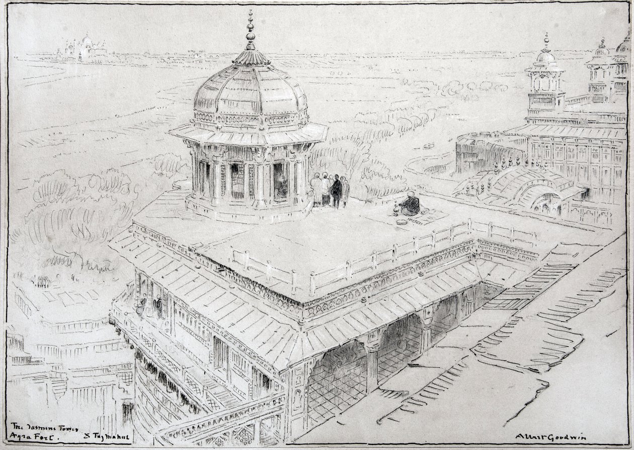 Jasmintårnet, Agra Fort  Taj Mahal (tegning) af Albert Goodwin